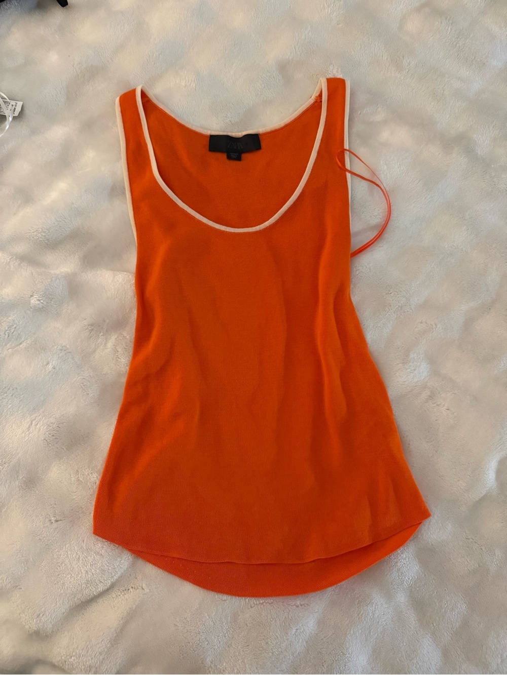 ZARA Bright Orange Fine Knit Tank Top w/ Off-White Contrast Trim (Size M)
